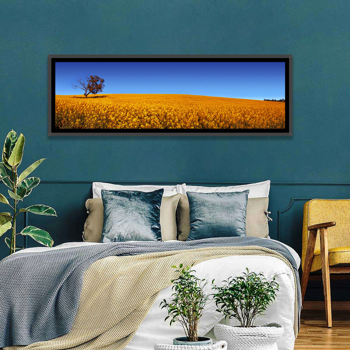 Canola Field with Lone Tree Wall Art in a room, panoramic