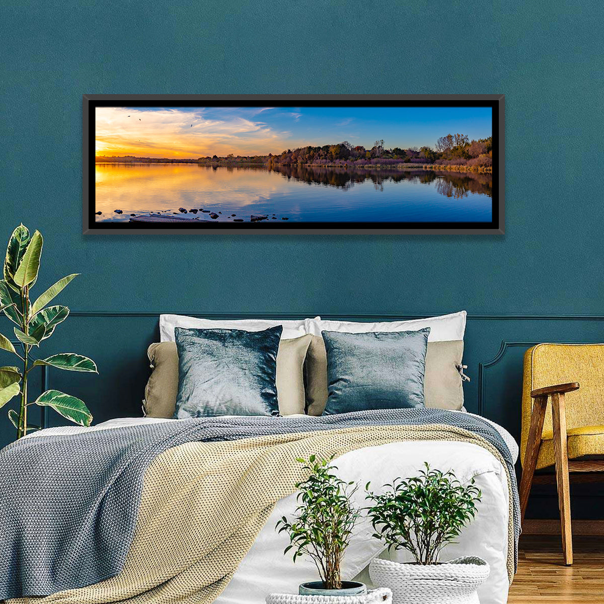 Zorinsky Lake Golden Hour Wall Art in a room, panoramic