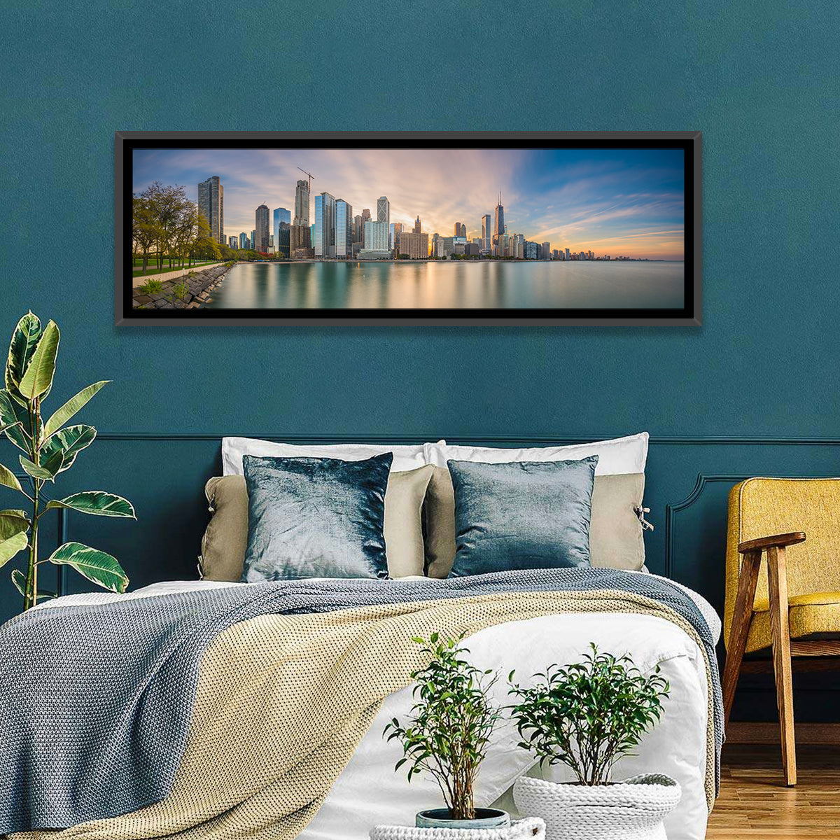 Chicago Skyline at Golden Hour Wall Art in a room, panoramic
