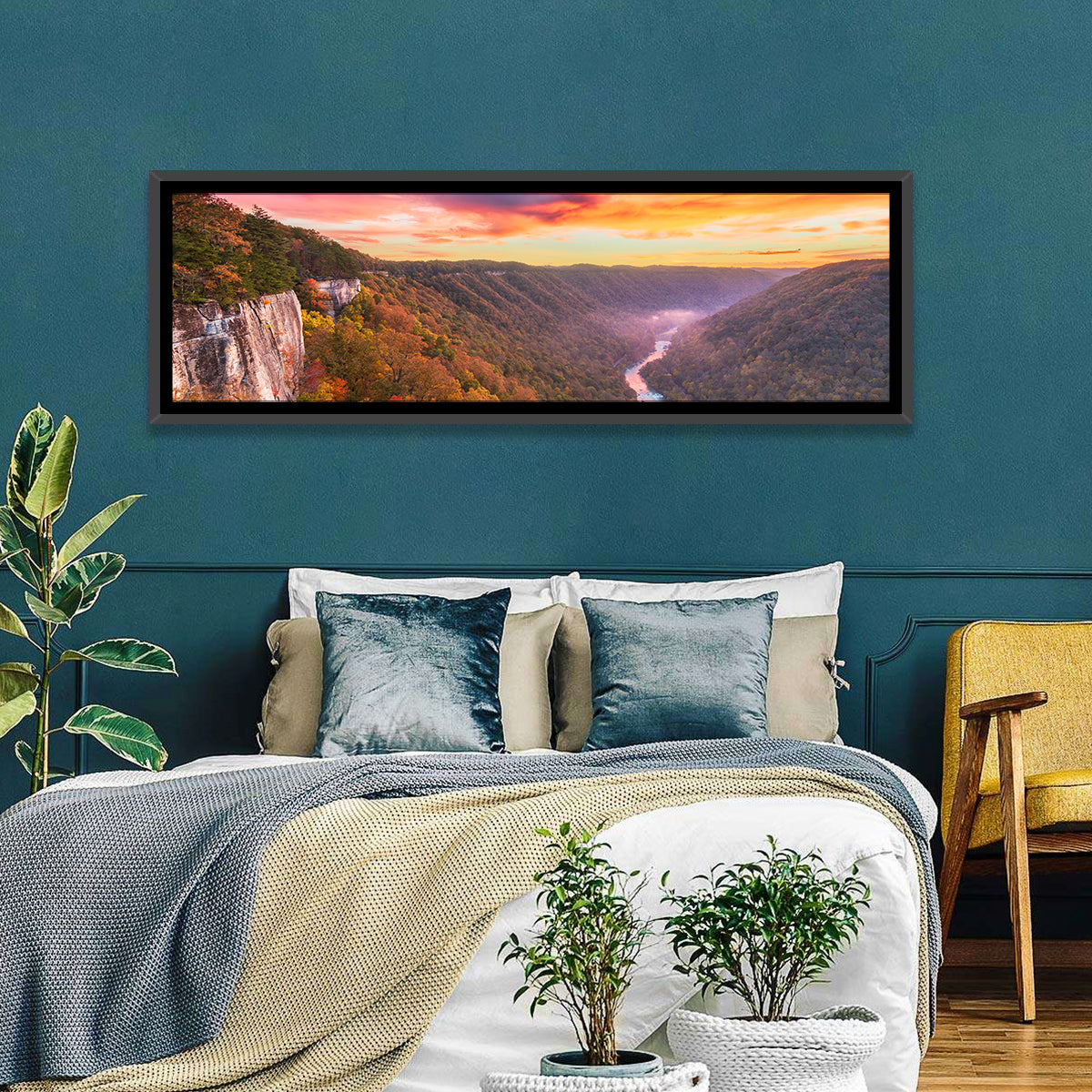 New River Gorge Sunset Wall Art in a room, panoramic