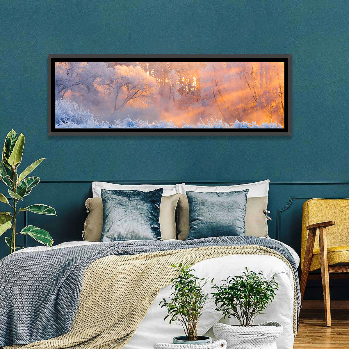 Sunlit Winter Forest Wall Art in a room, panoramic