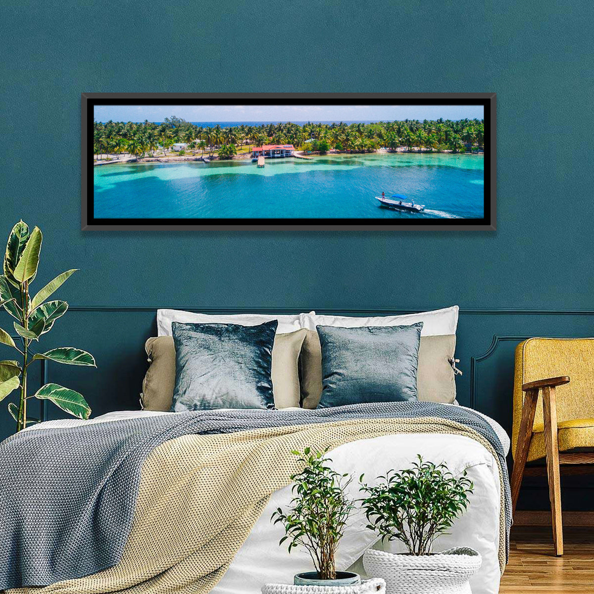 Belize Reef Island Pier Wall Art in a room, panoramic