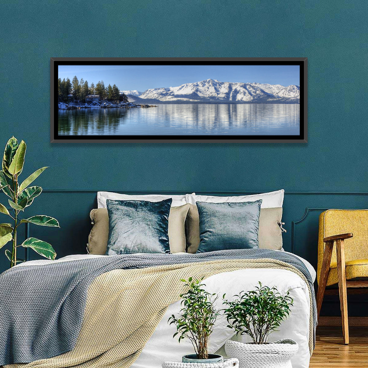 Elk Point Lake Tahoe Reflection Wall Art in a room, panoramic