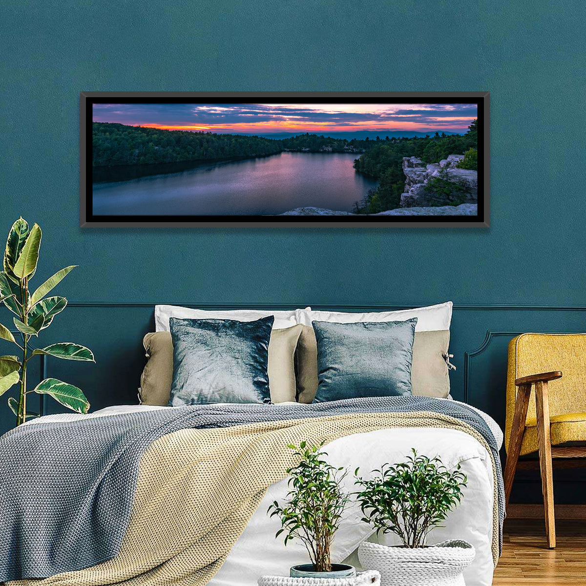 Lake Minnewaska Sunset Wall Art in a room, panoramic