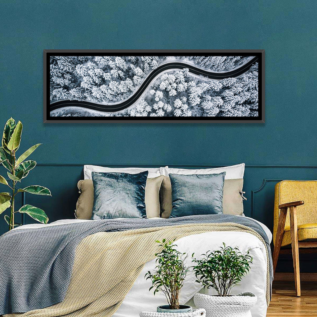 S-curve Winter Forest Road Wall Art in a room, panoramic
