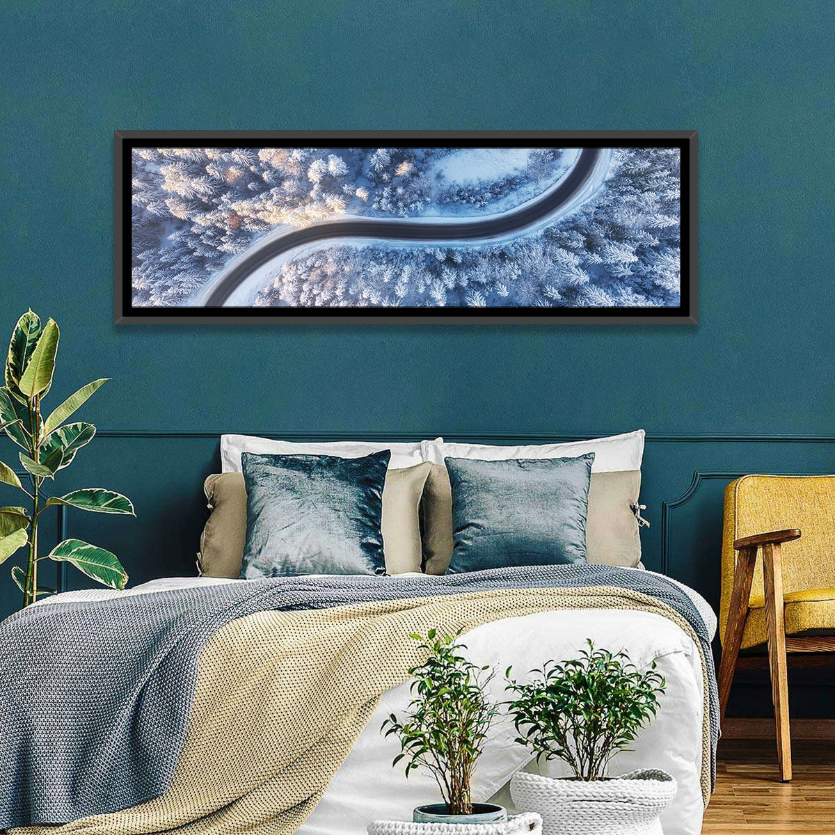 Winding Snow-covered Forest Road Wall Art in a room, panoramic