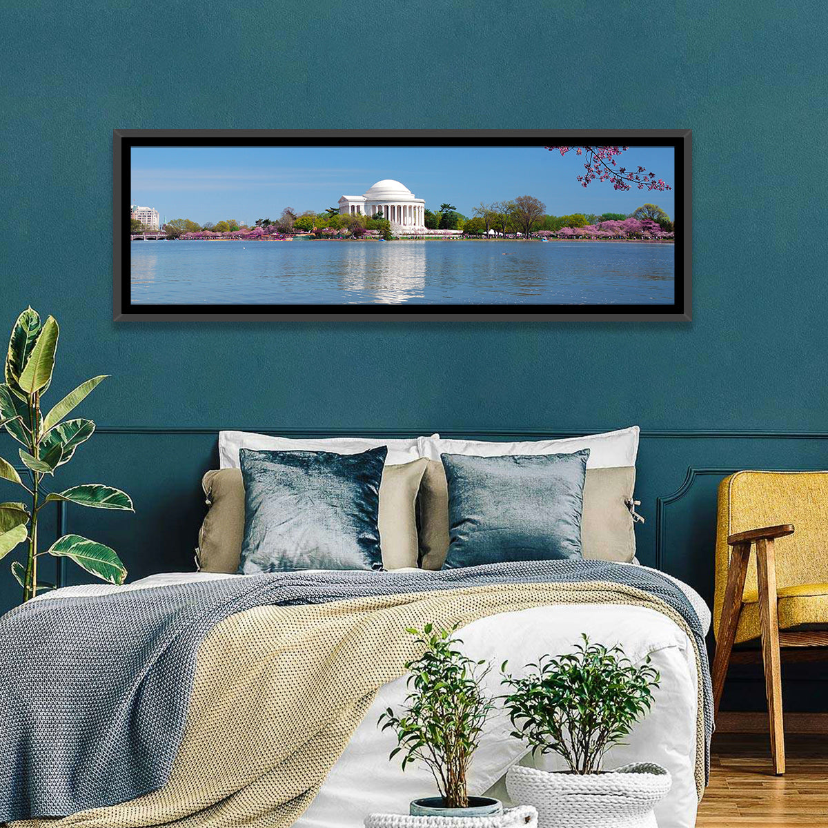 Thomas Jefferson Memorial with Cherry Blossoms Wall Art in a room, panoramic