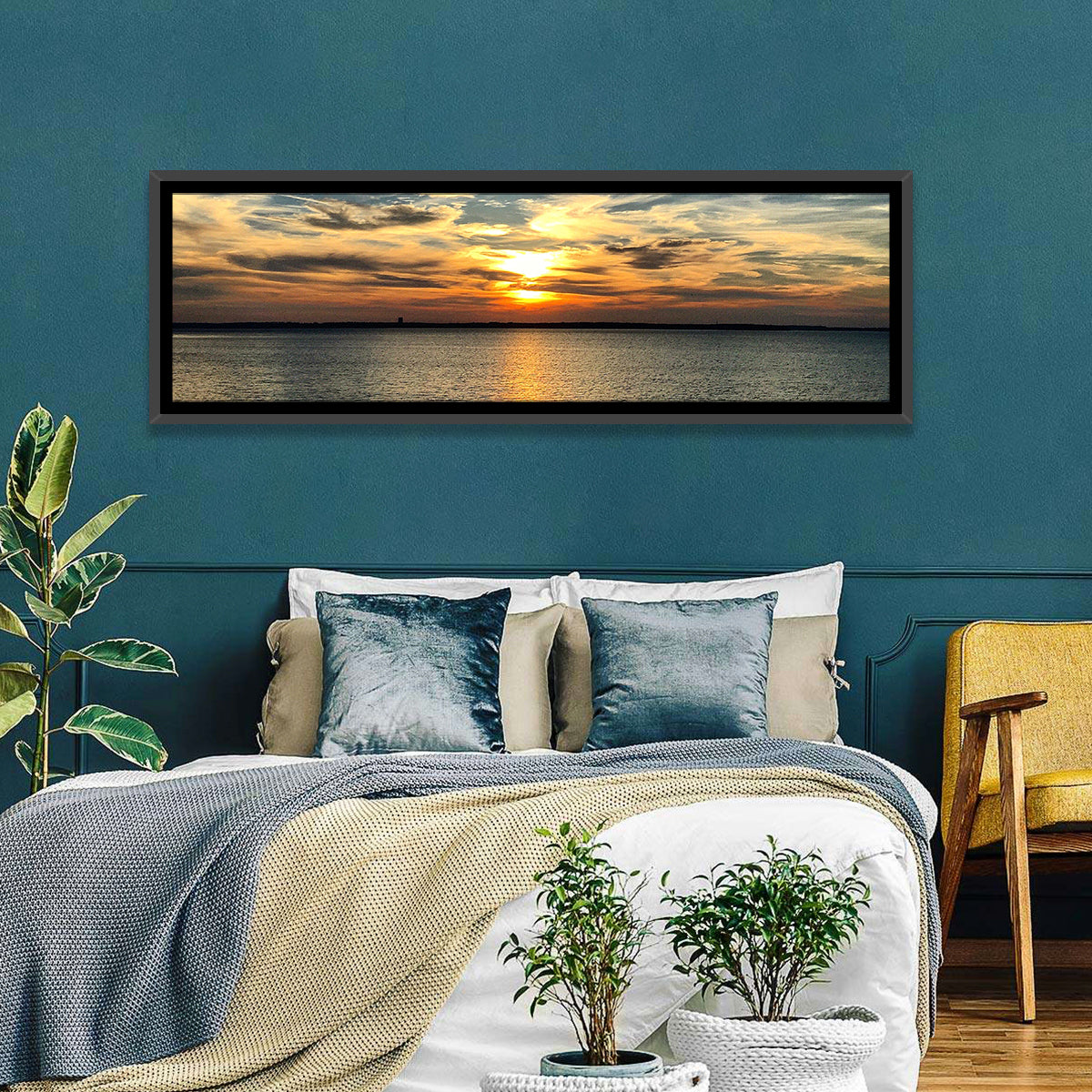 Texoma Lake Sunset Wall Art in a room, panoramic