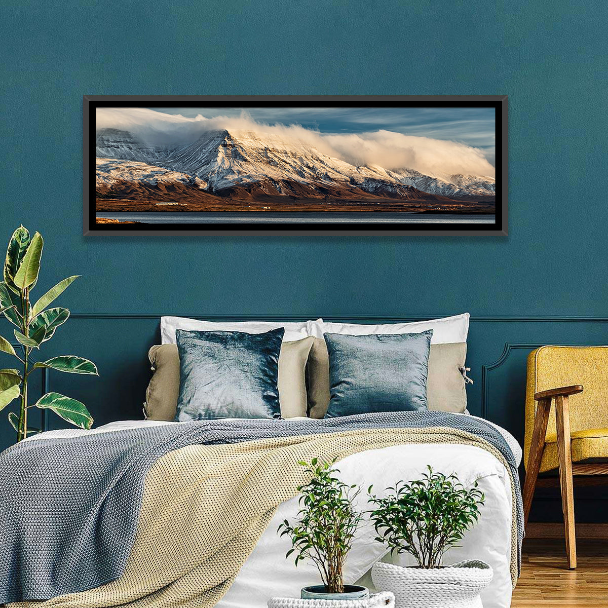 Reykjavik Golden Hour Mountains Wall Art in a room, panoramic