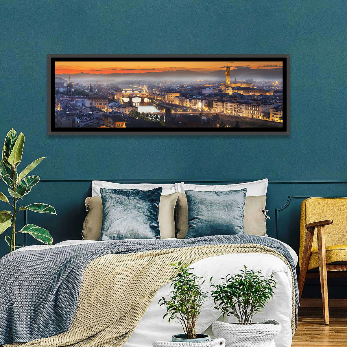 Florence Sunset Over the Arno Wall Art in a room, panoramic