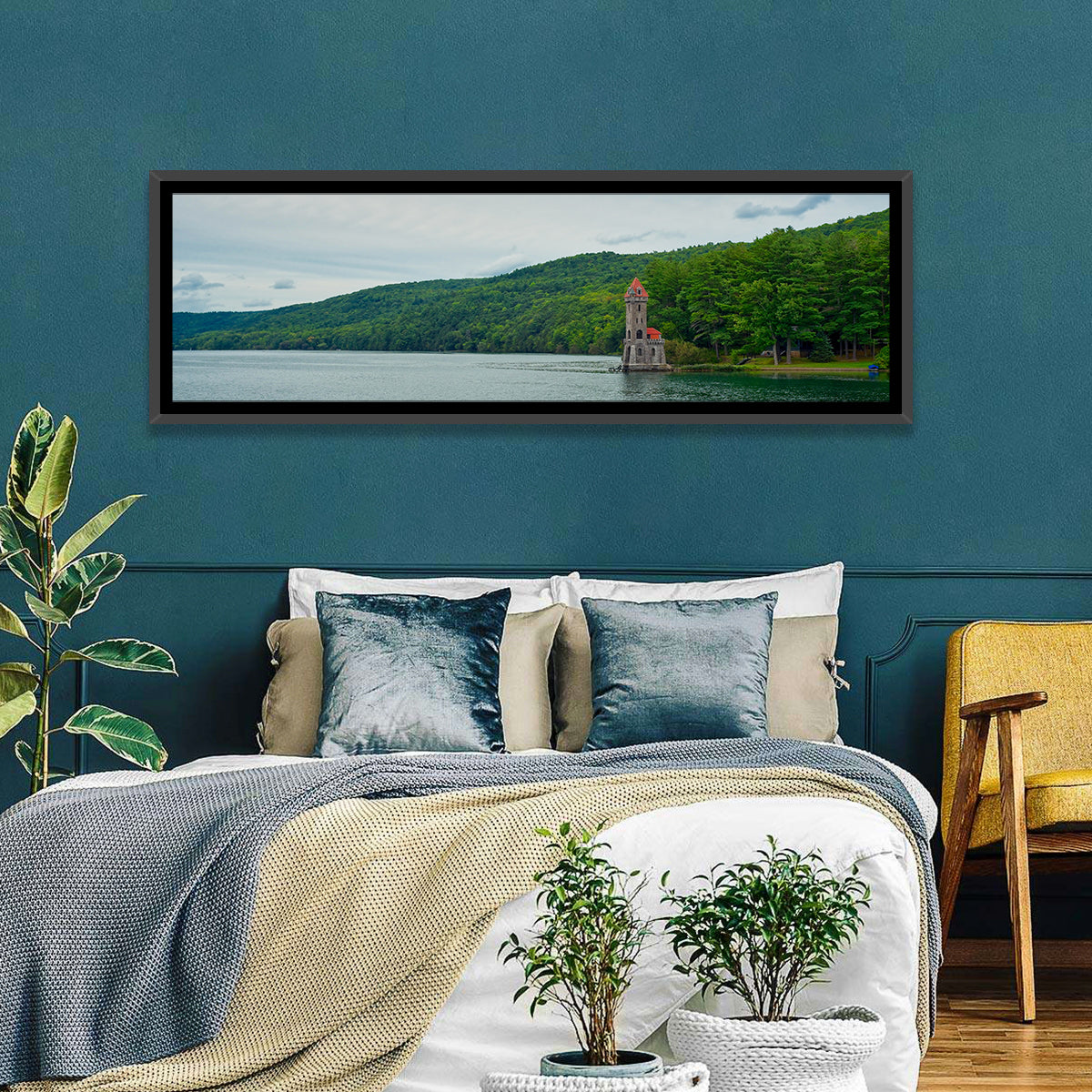 Otsego Lake View with Stone Tower Wall Art in a room, panoramic