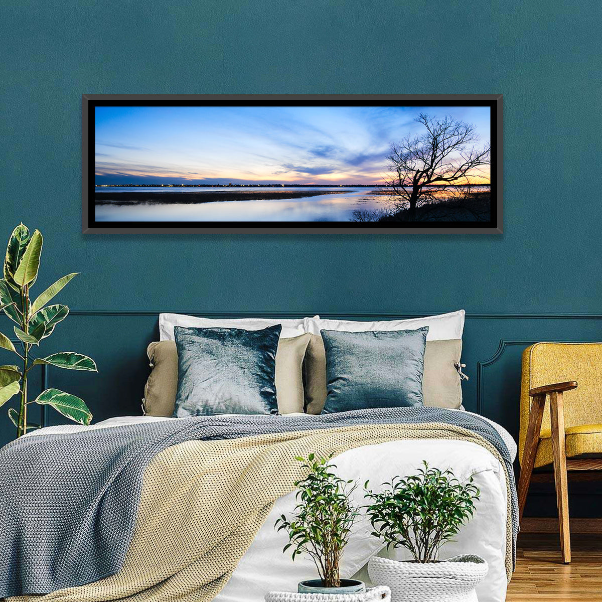 Lake Bemidji Twilight Wall Art in a room, panoramic