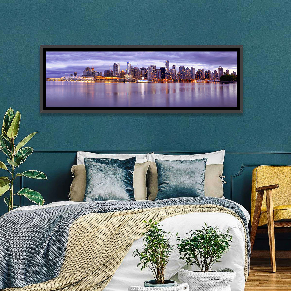 Vancouver Skyline at Twilight Wall Art in a room, panoramic