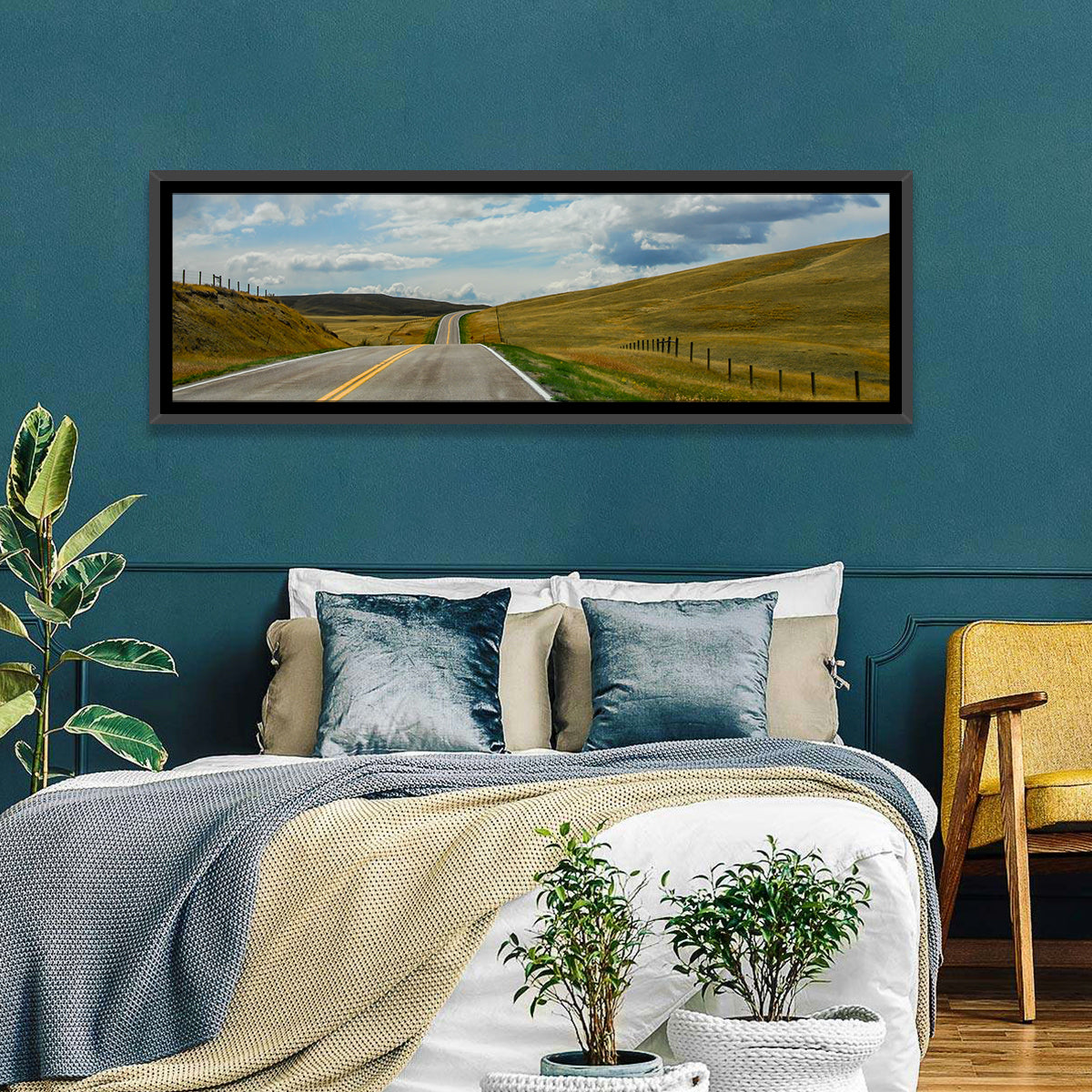 Montana Road Through Golden Hills Wall Art in a room, panoramic