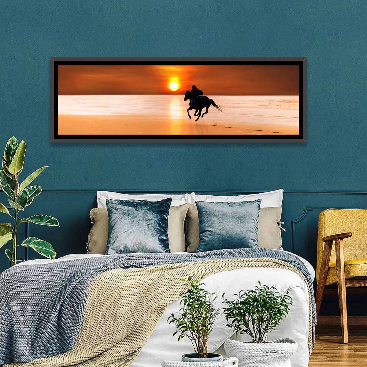 Horse and Rider at Sunset Wall Art in a room, panoramic