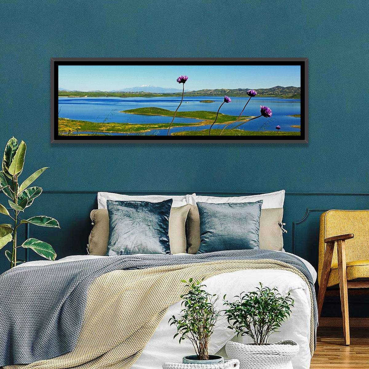 Lake Mathews Wildflower View Wall Art in a room, panoramic
