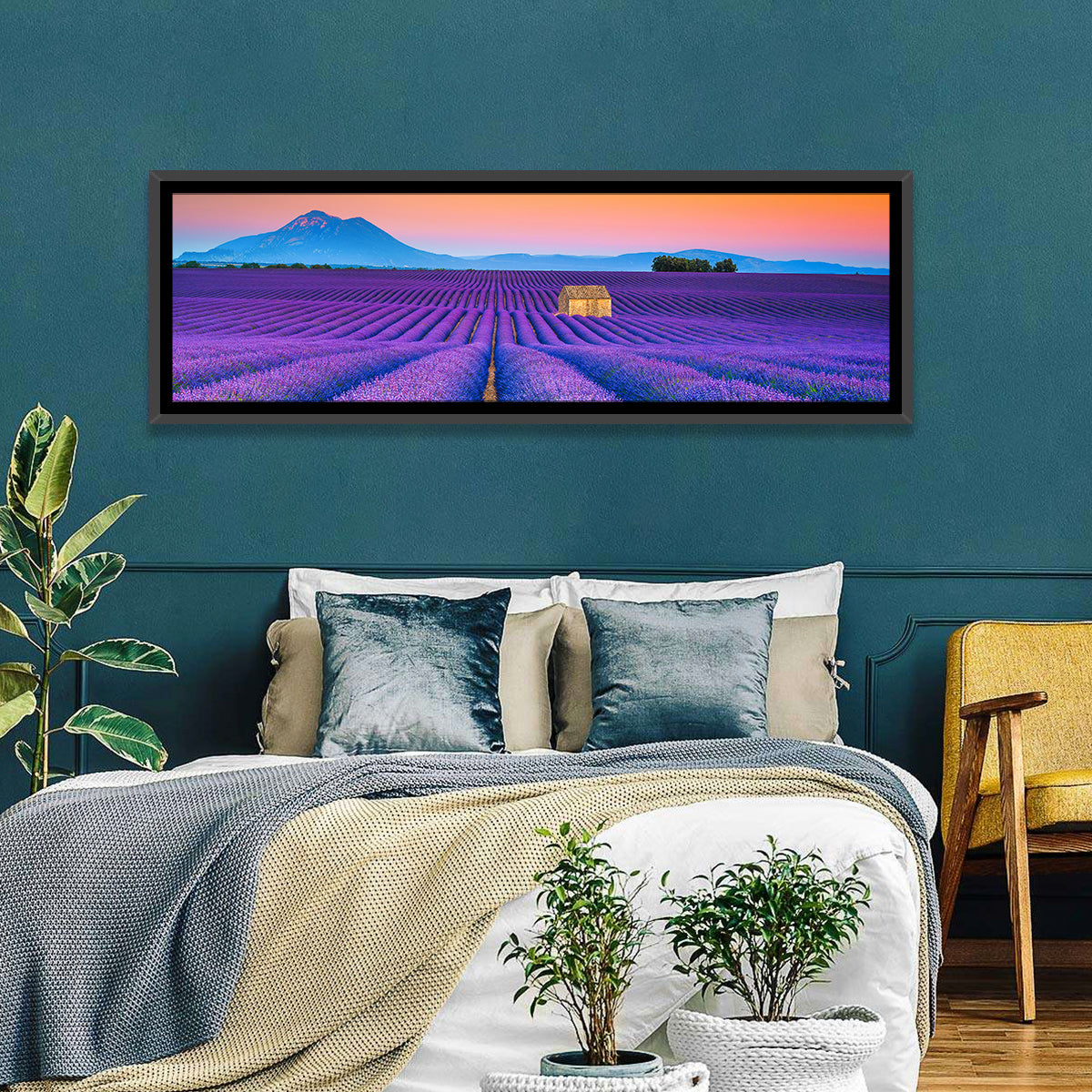Valensole Lavender Fields at Sunset Wall Art in a room, panoramic