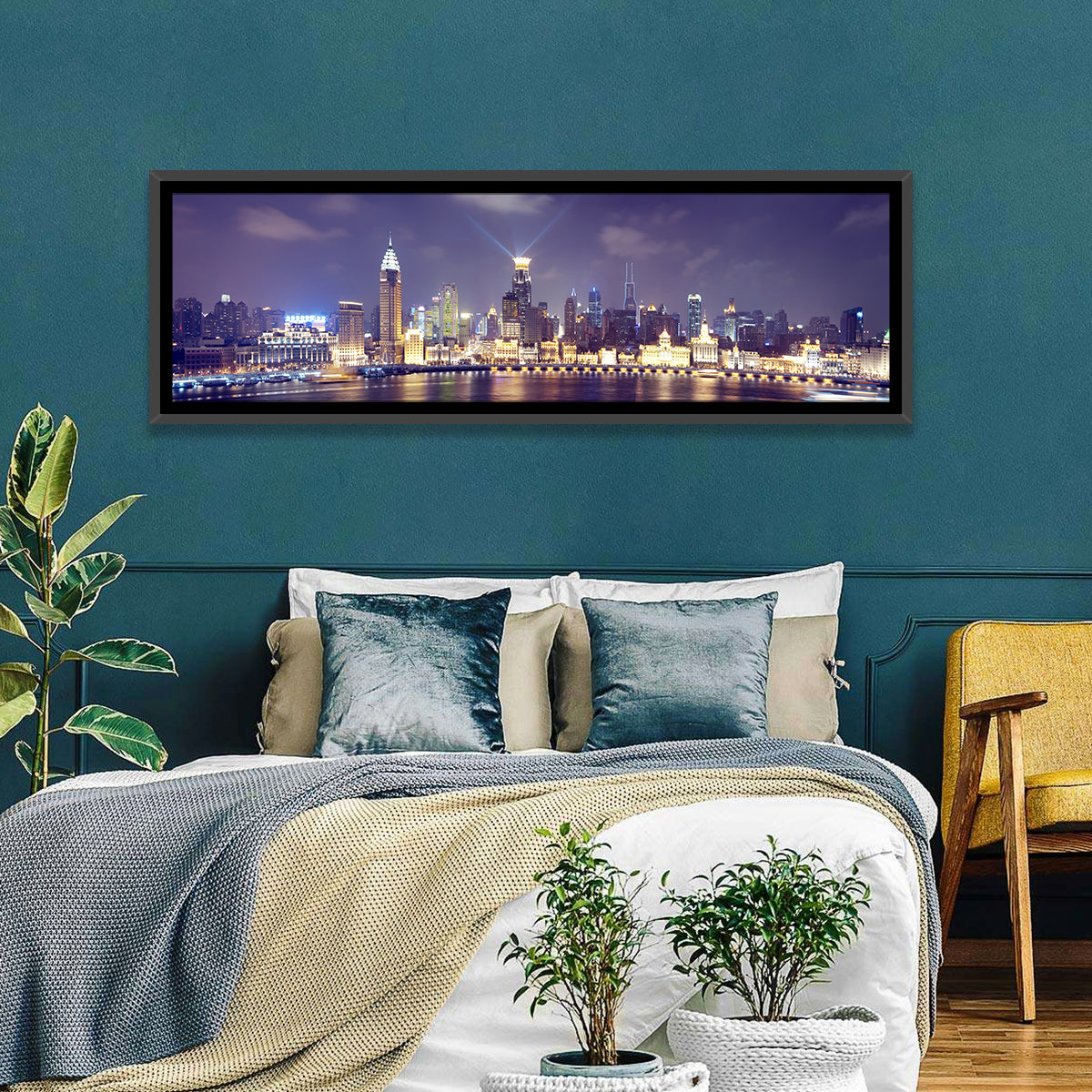 Shanghai Night Skyline Wall Art in a room, panoramic