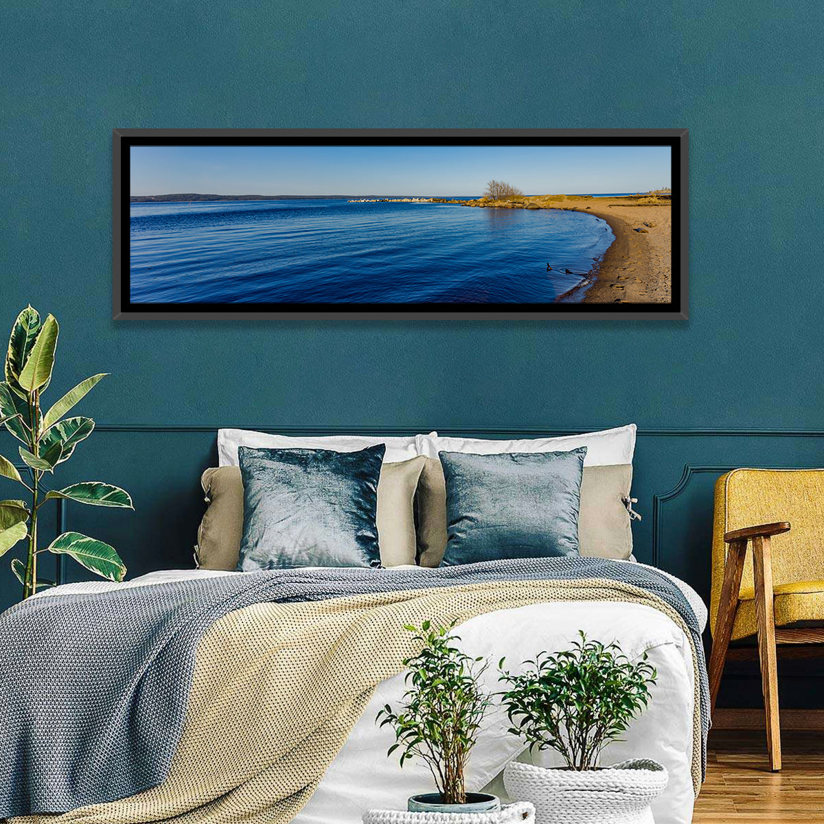 Lake Onega Shoreline Wall Art in a room, panoramic
