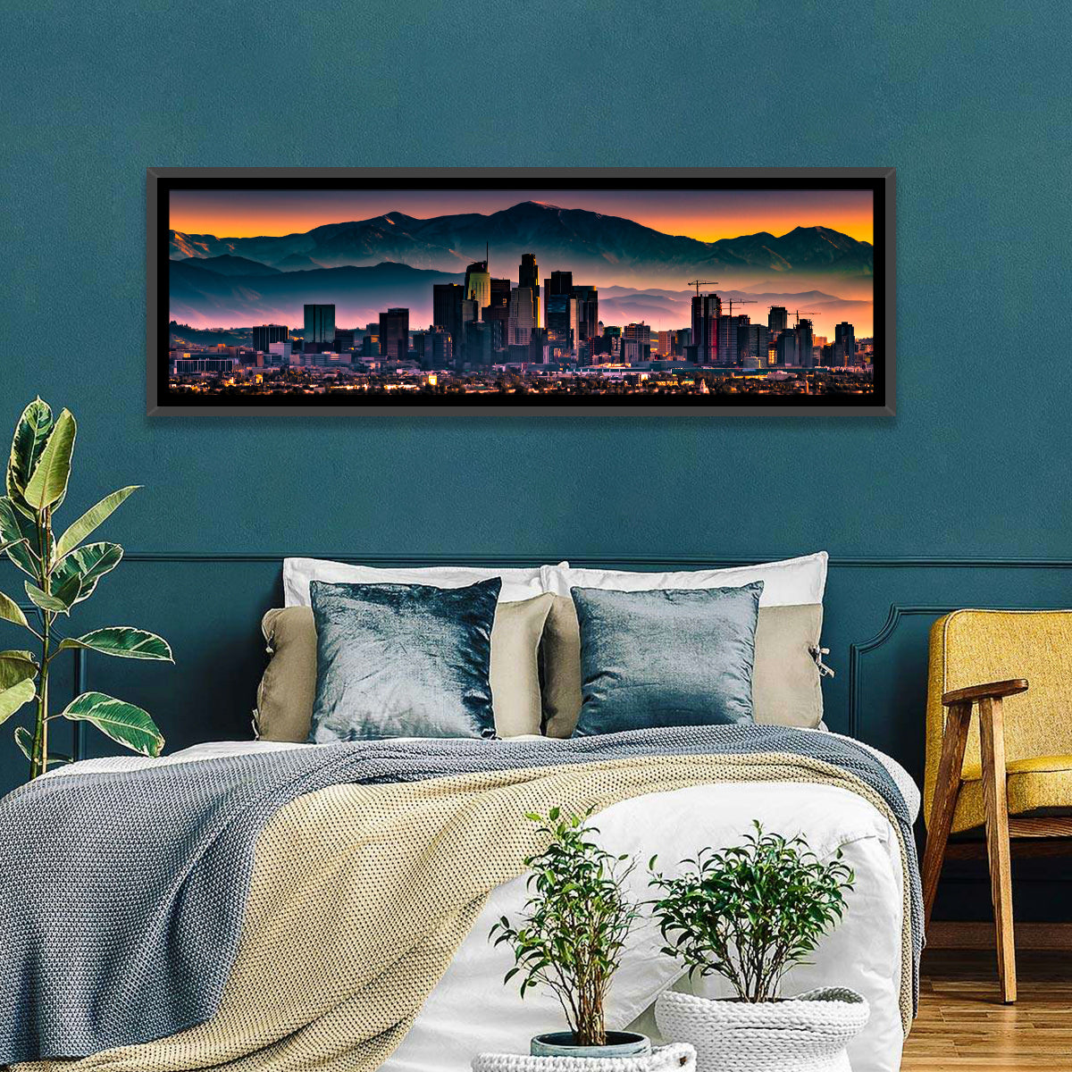 Downtown Los Angeles Skyline Wall Art in a room, panoramic