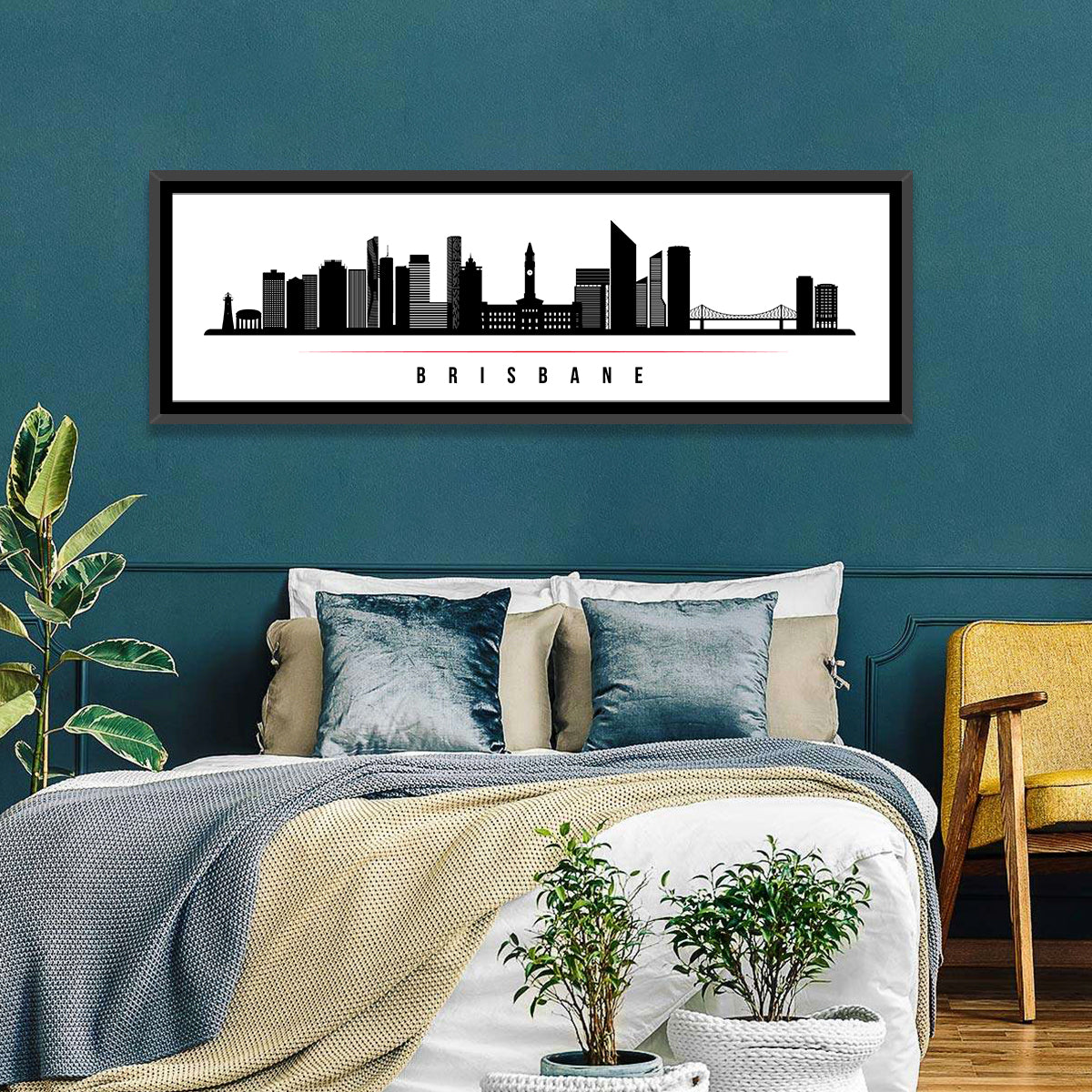 Brisbane City Skyline Wall Art in a room, panoramic