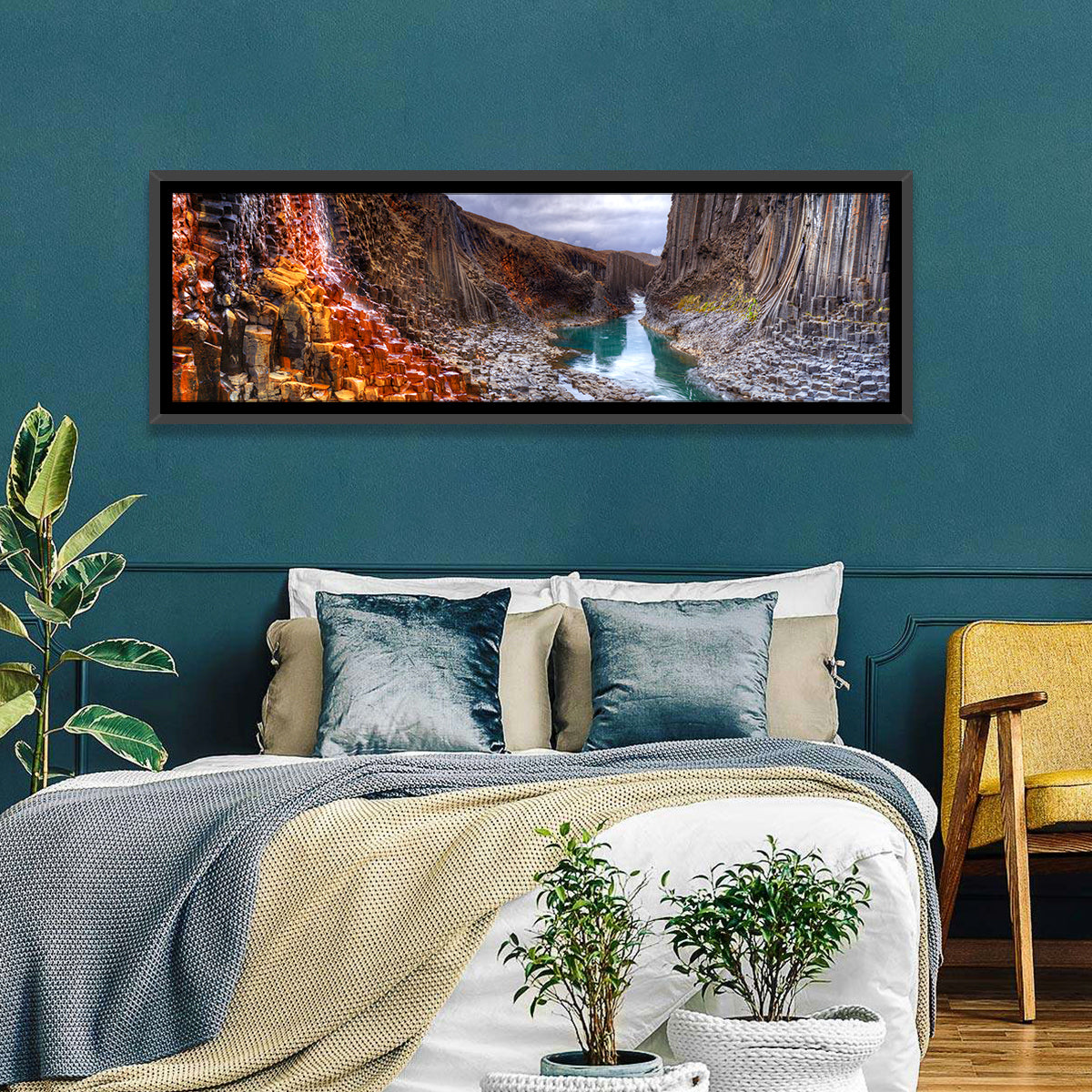 Studlagil Canyon Basalt Columns Wall Art in a room, panoramic