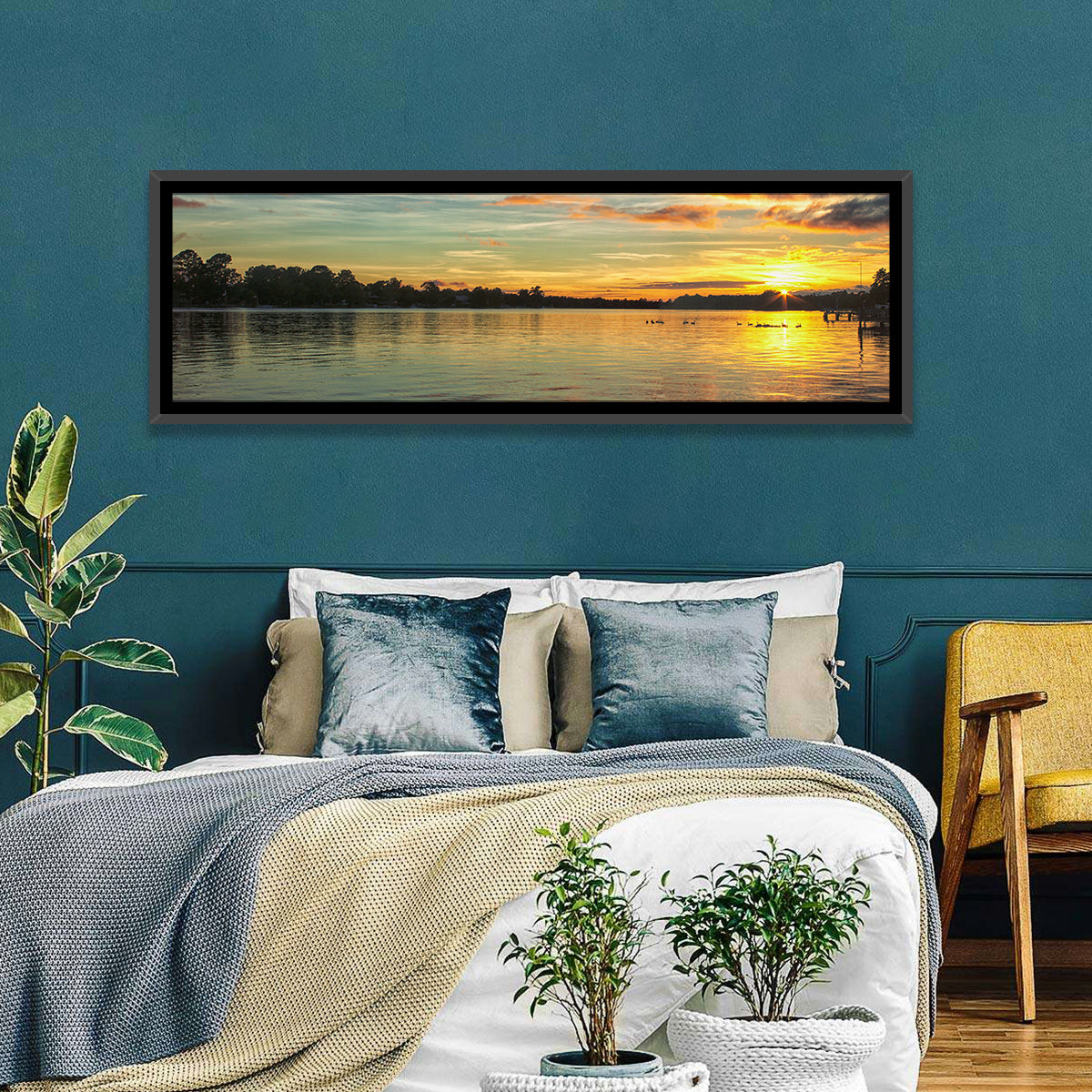 Lake Marion Golden Sunset Wall Art in a room, panoramic