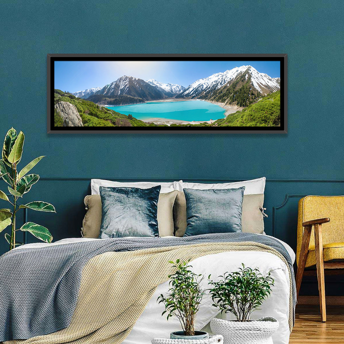 Big Almaty Lake Vista Wall Art in a room, panoramic