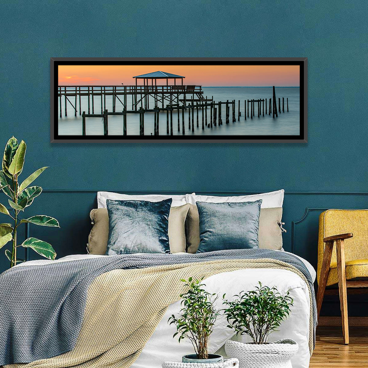 Fairhope Pier at Sunset Wall Art in a room, panoramic