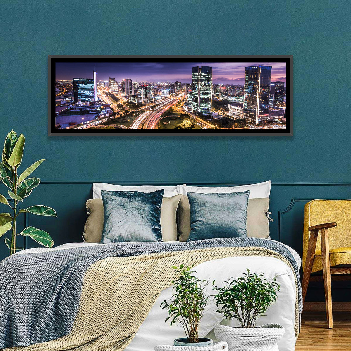 Lima Night Skyline Wall Art in a room, panoramic