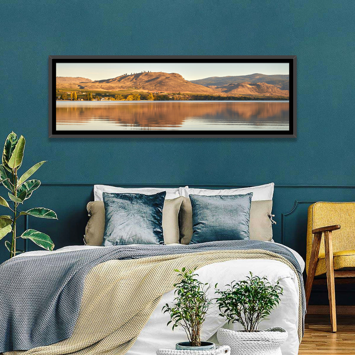 Osoyoos Lake Moonlit Reflection Wall Art in a room, panoramic