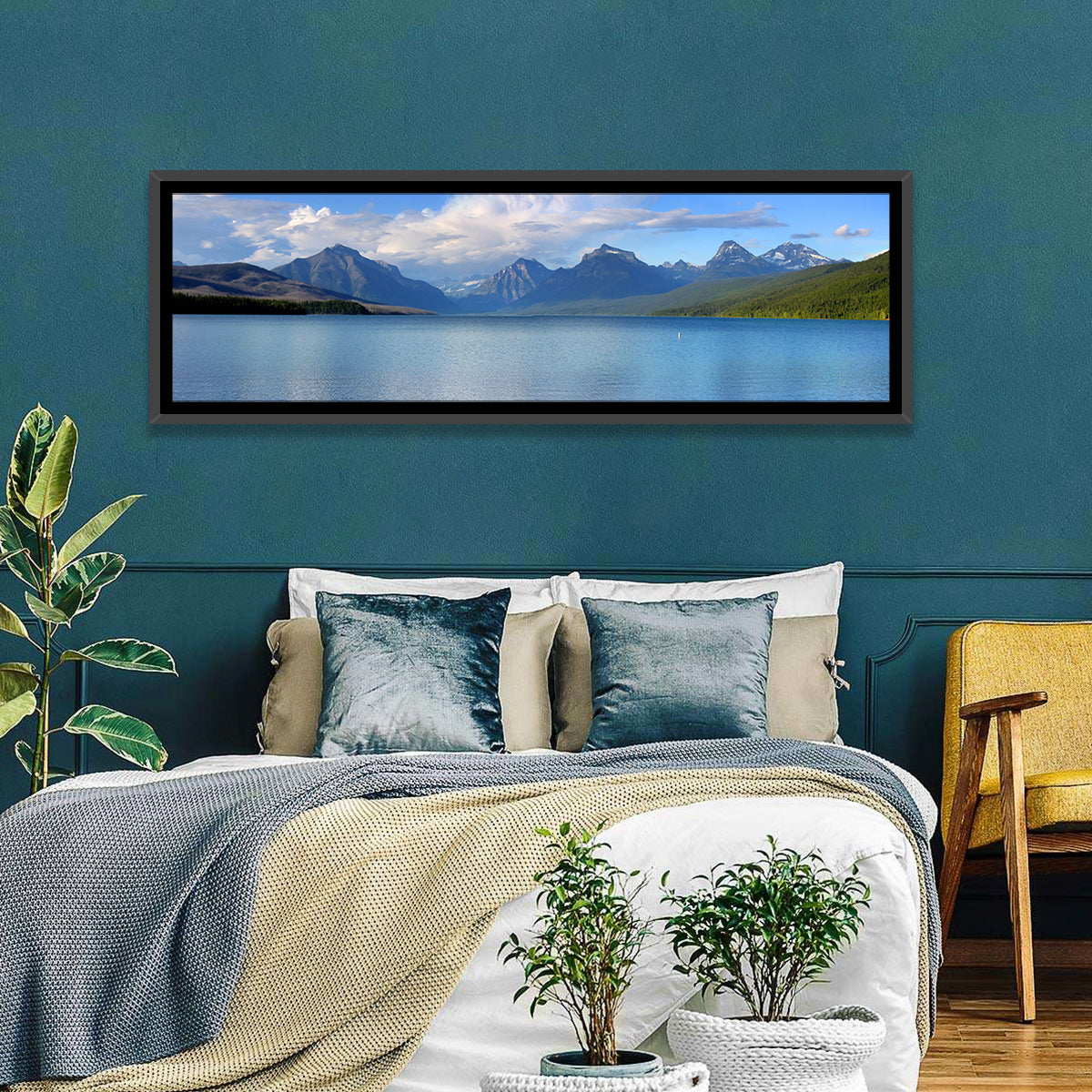 Lake Mcdonald Reflections Wall Art in a room, panoramic