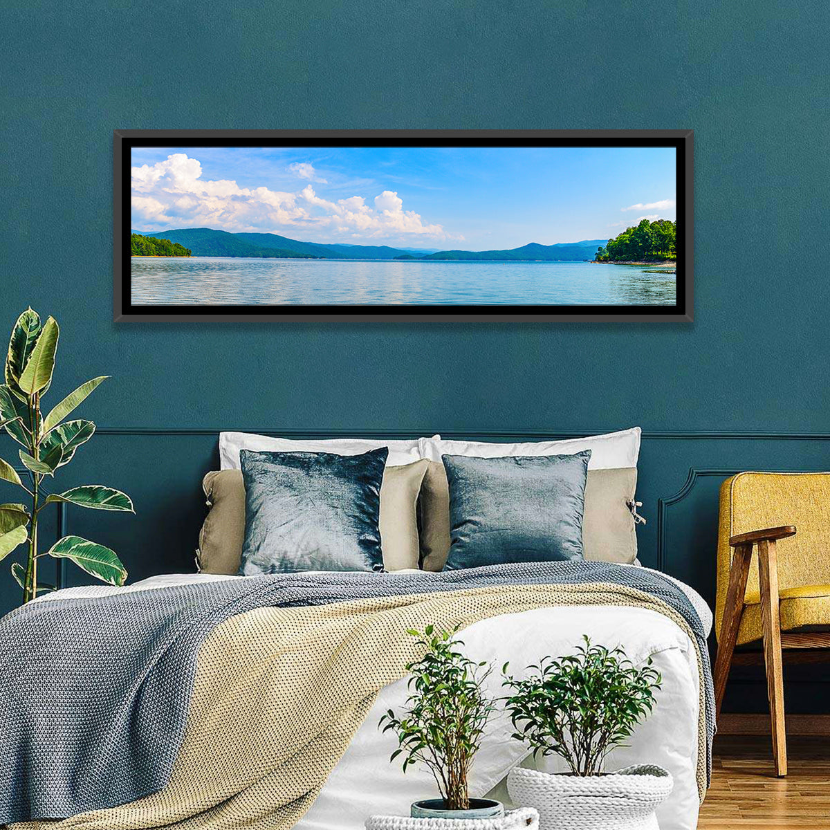 Lake Jocassee Wall Art in a room, panoramic
