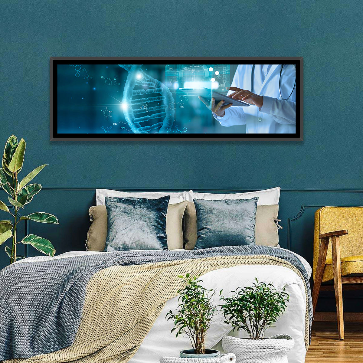 Doctor with Dna Helix Wall Art in a room, panoramic