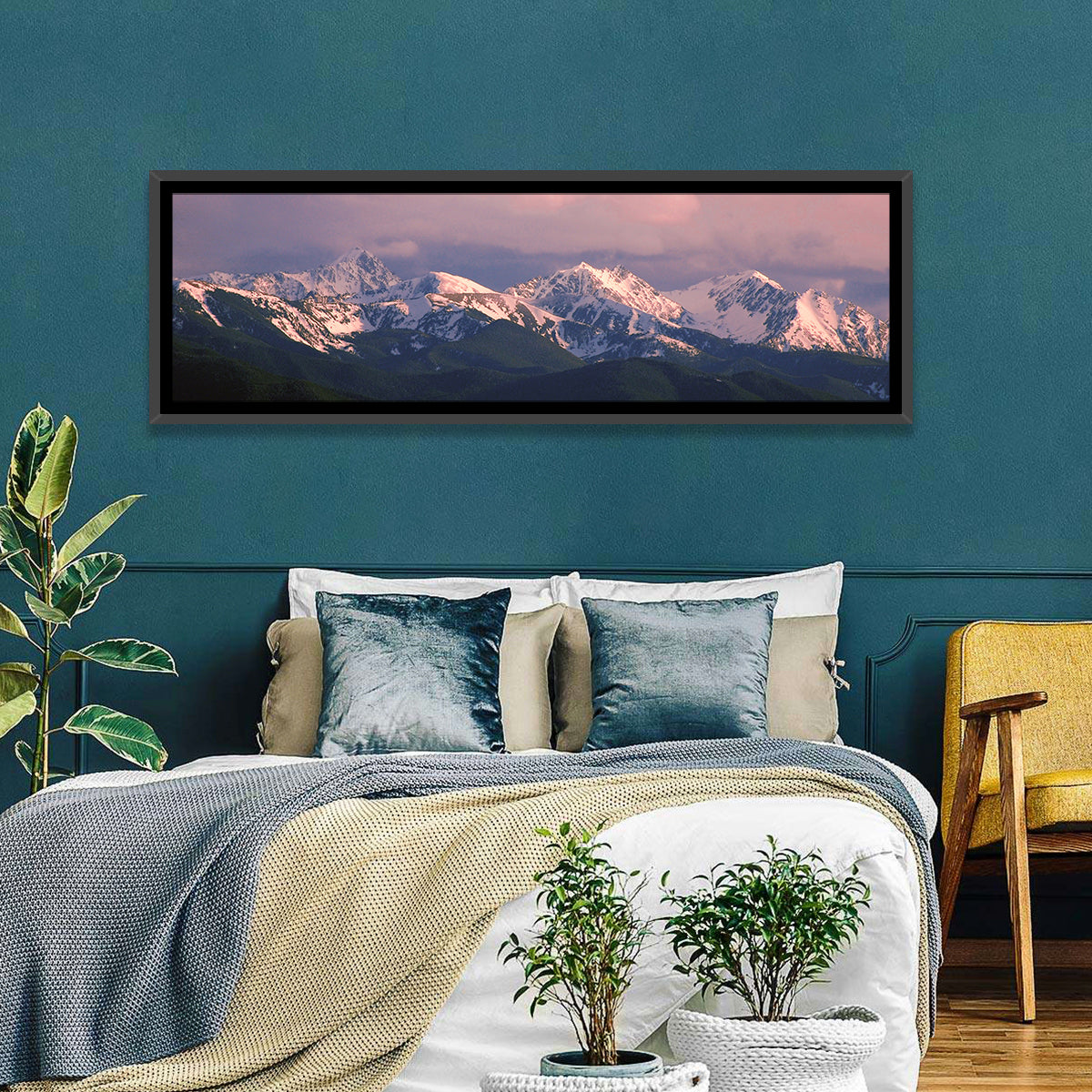 Spanish Peaks Alpenglow Montana Wall Art in a room, panoramic