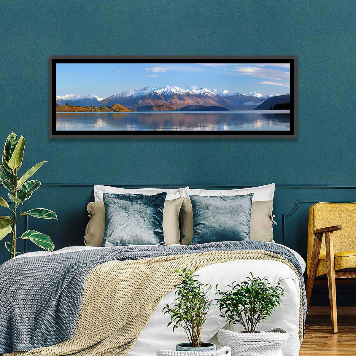 Lake Wanaka Morning Light Wall Art in a room, panoramic