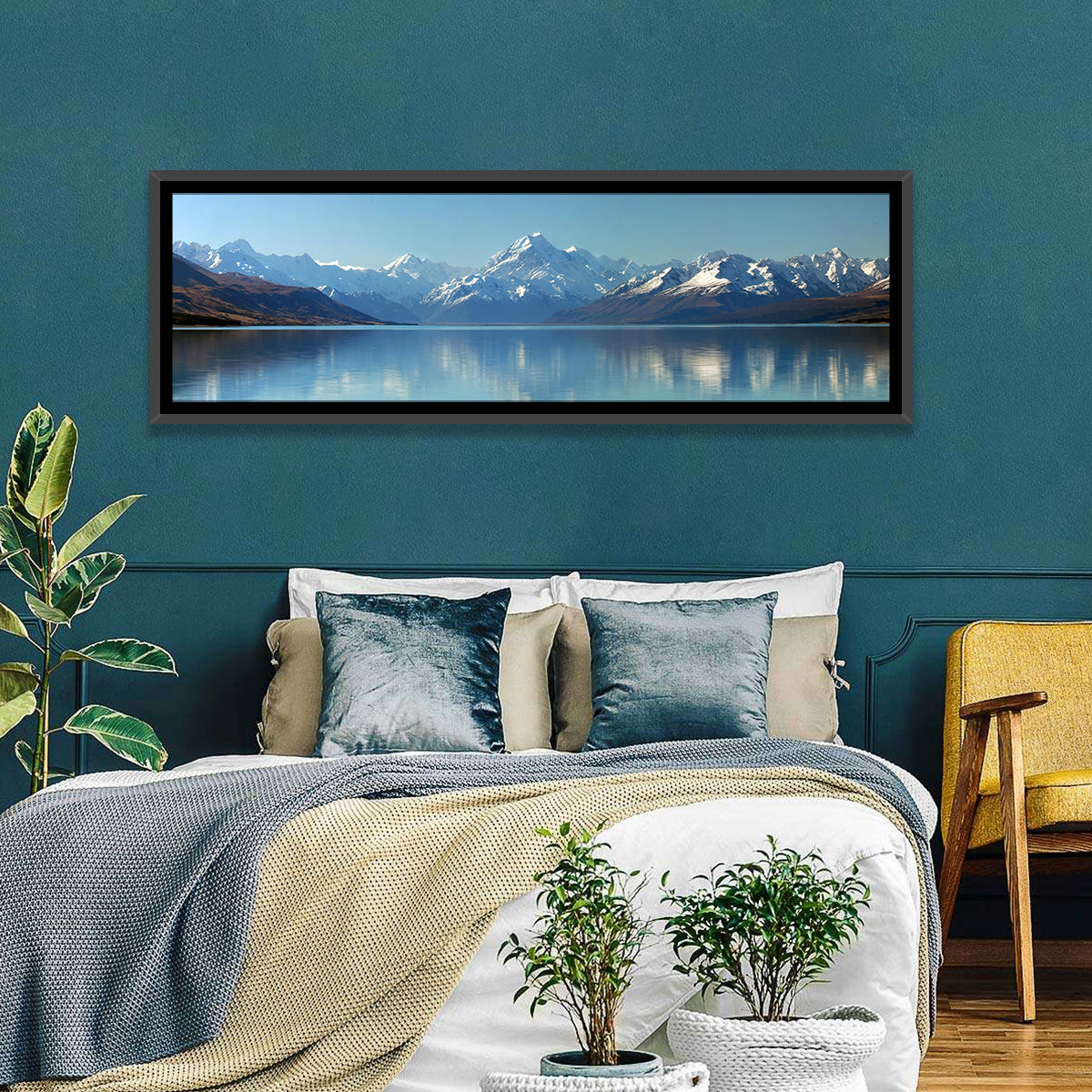 Aoraki Reflection Over Lake Pukaki Wall Art in a room, panoramic