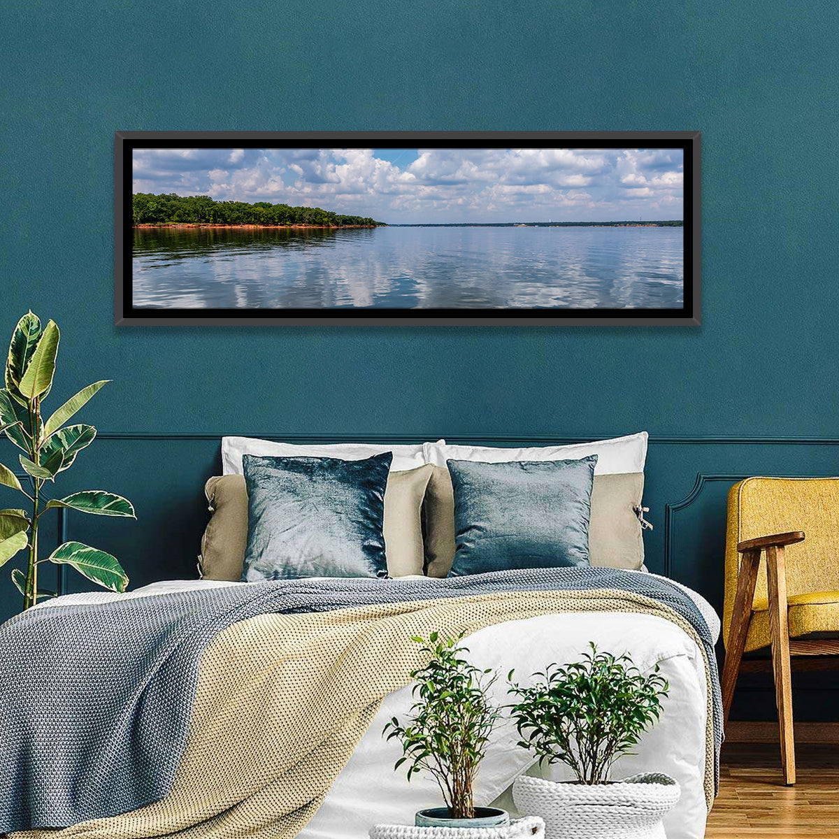Thunderbird Lake Reflections Wall Art in a room, panoramic