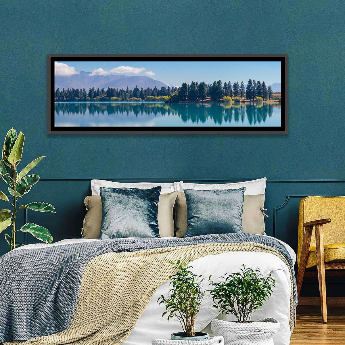 Lake Ruataniwha Reflection Wall Art in a room, panoramic