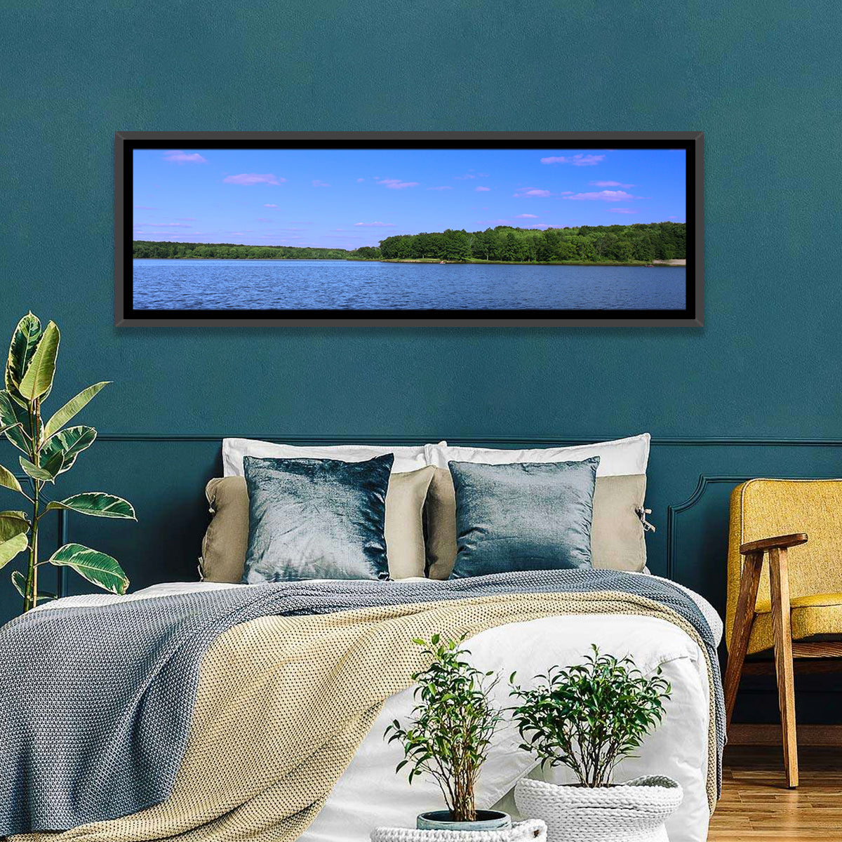 Pierce Lake Shoreline Wall Art in a room, panoramic