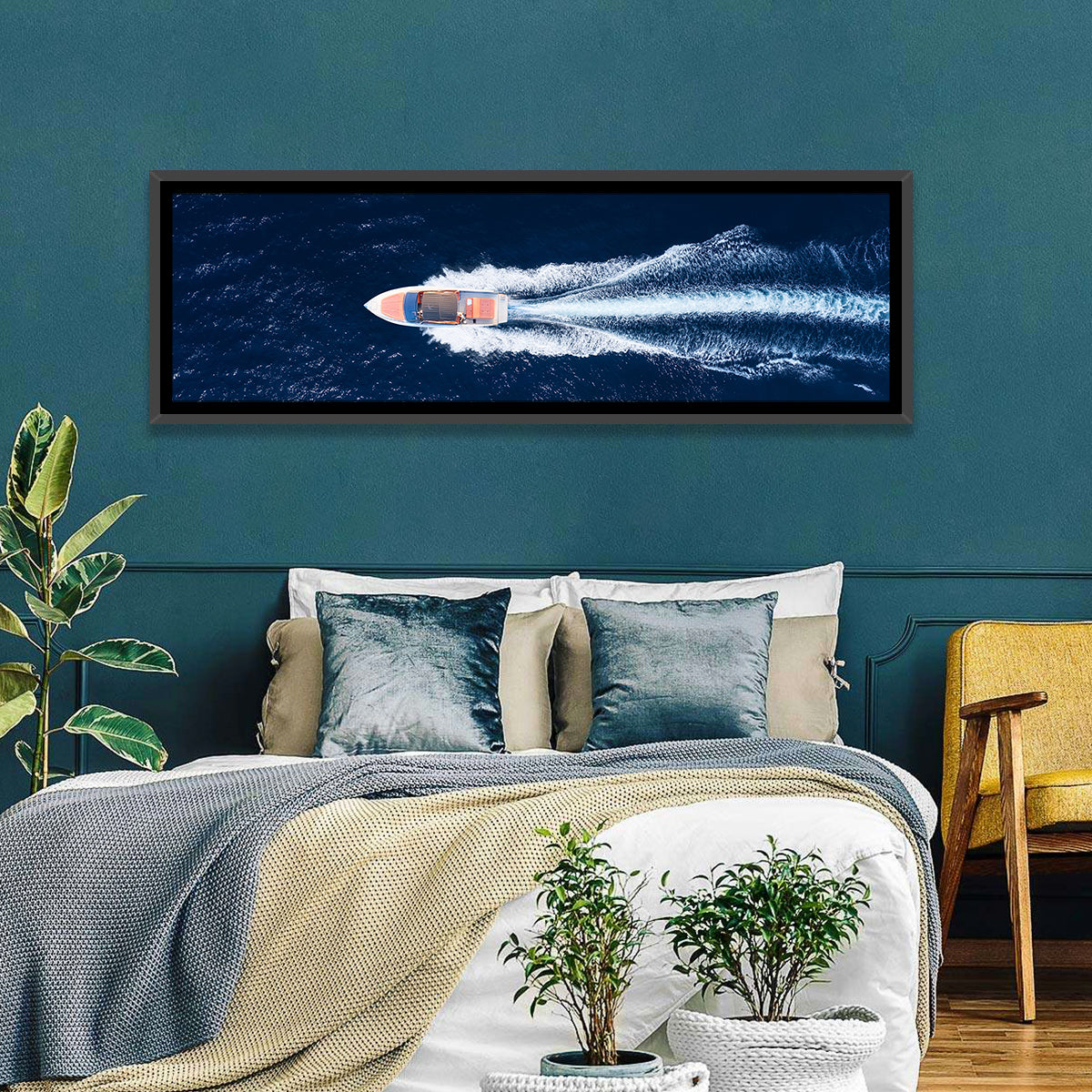 Sleek Speedboat Over Navy Sea Wall Art in a room, panoramic
