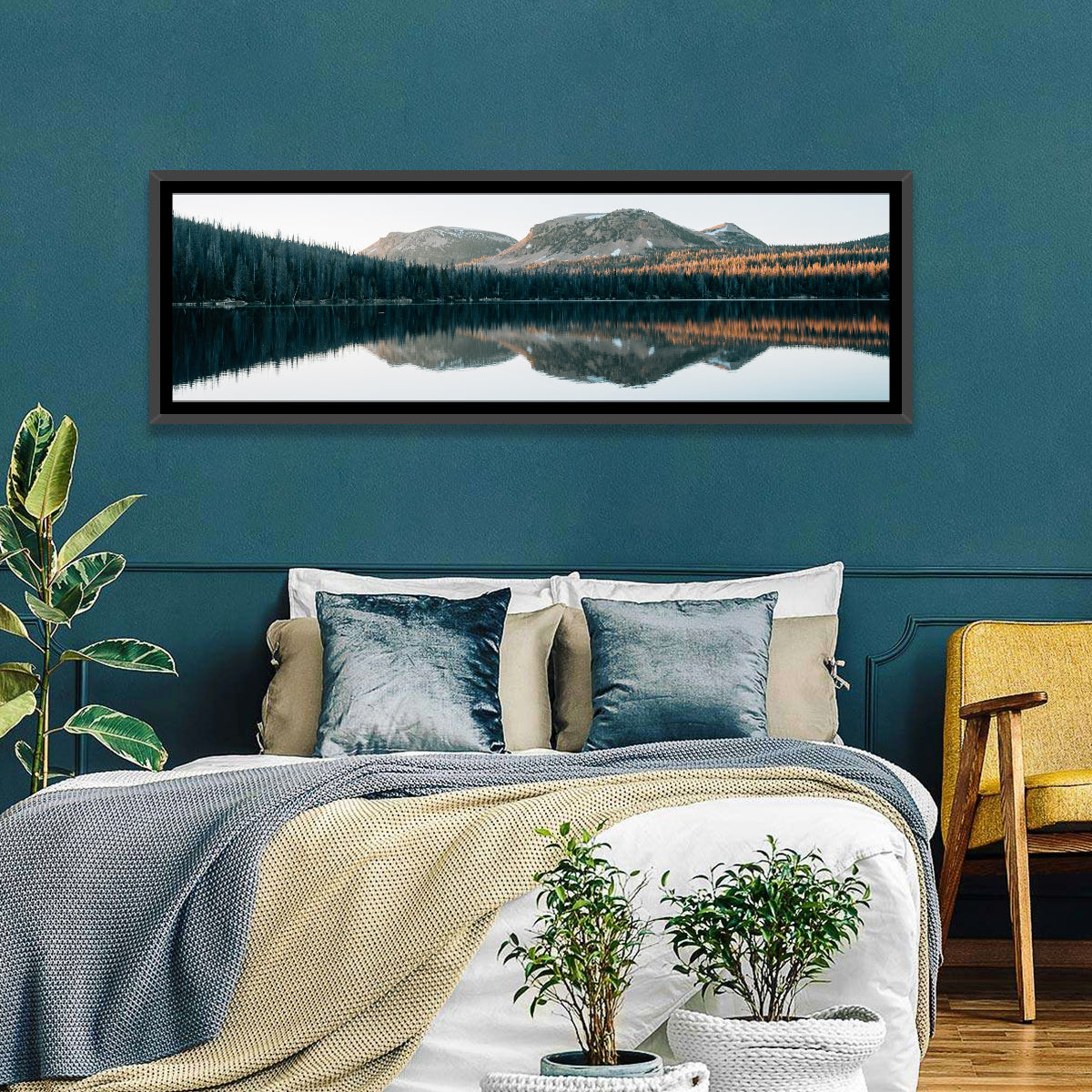 Mirror Lake Utah Reflection Wall Art in a room, panoramic