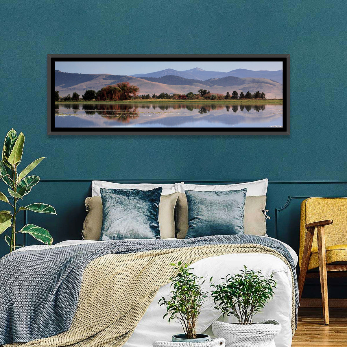 Mission Valley Lake Reflection Wall Art in a room, panoramic