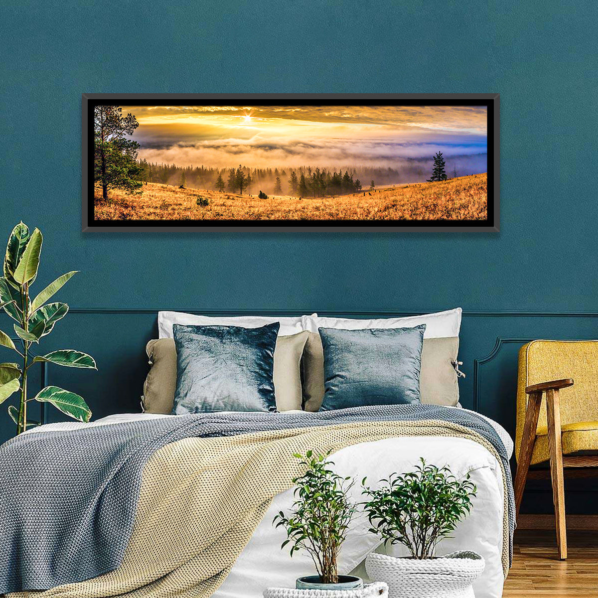 Ural Taiga Sunrise Wall Art in a room, panoramic