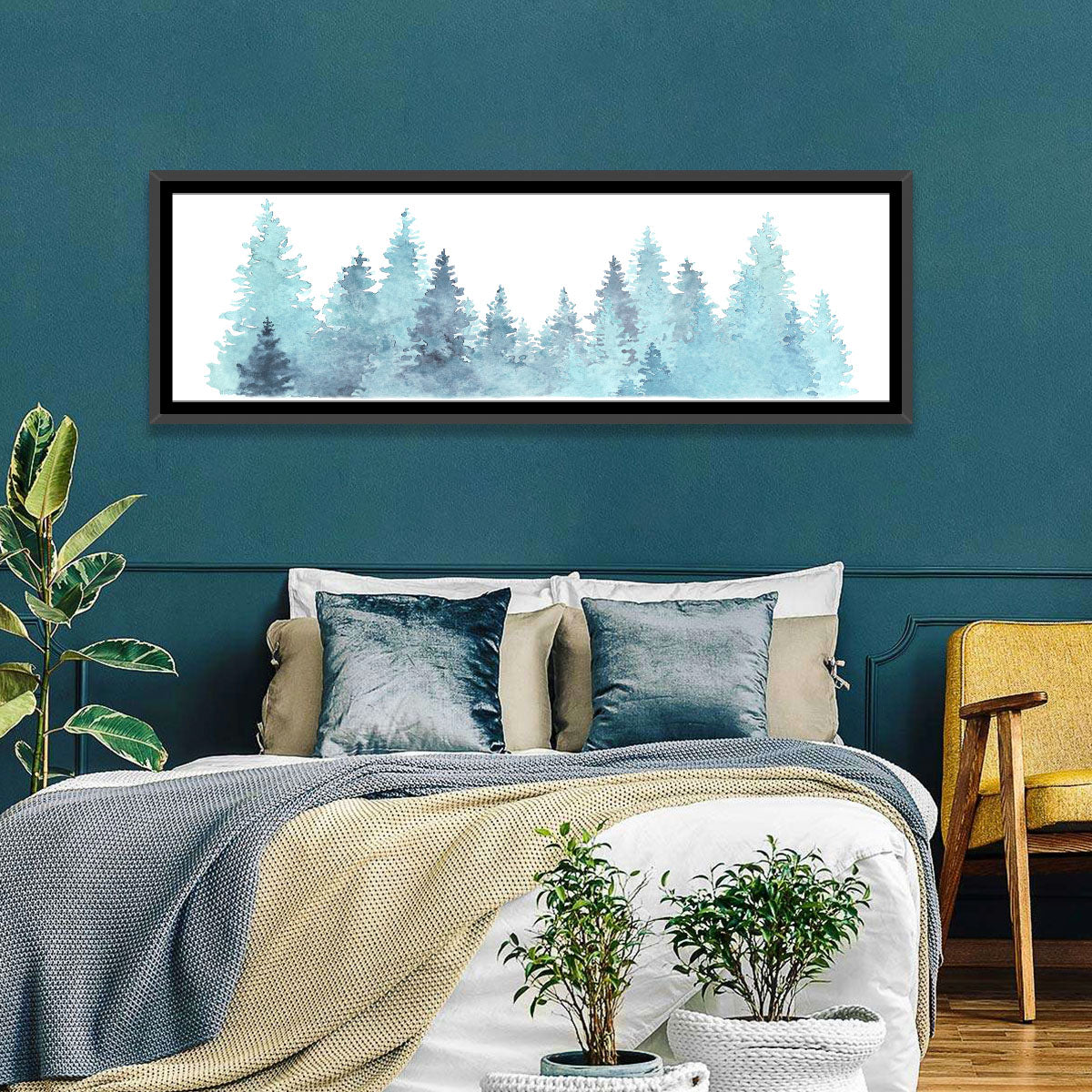 Watercolor Pine Trees Wall Art in a room, panoramic