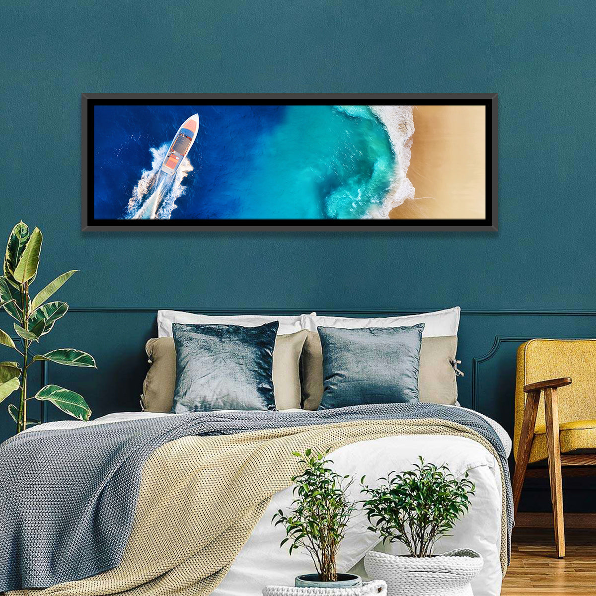 Speed Boat Over Turquoise Beach Wall Art in a room, panoramic