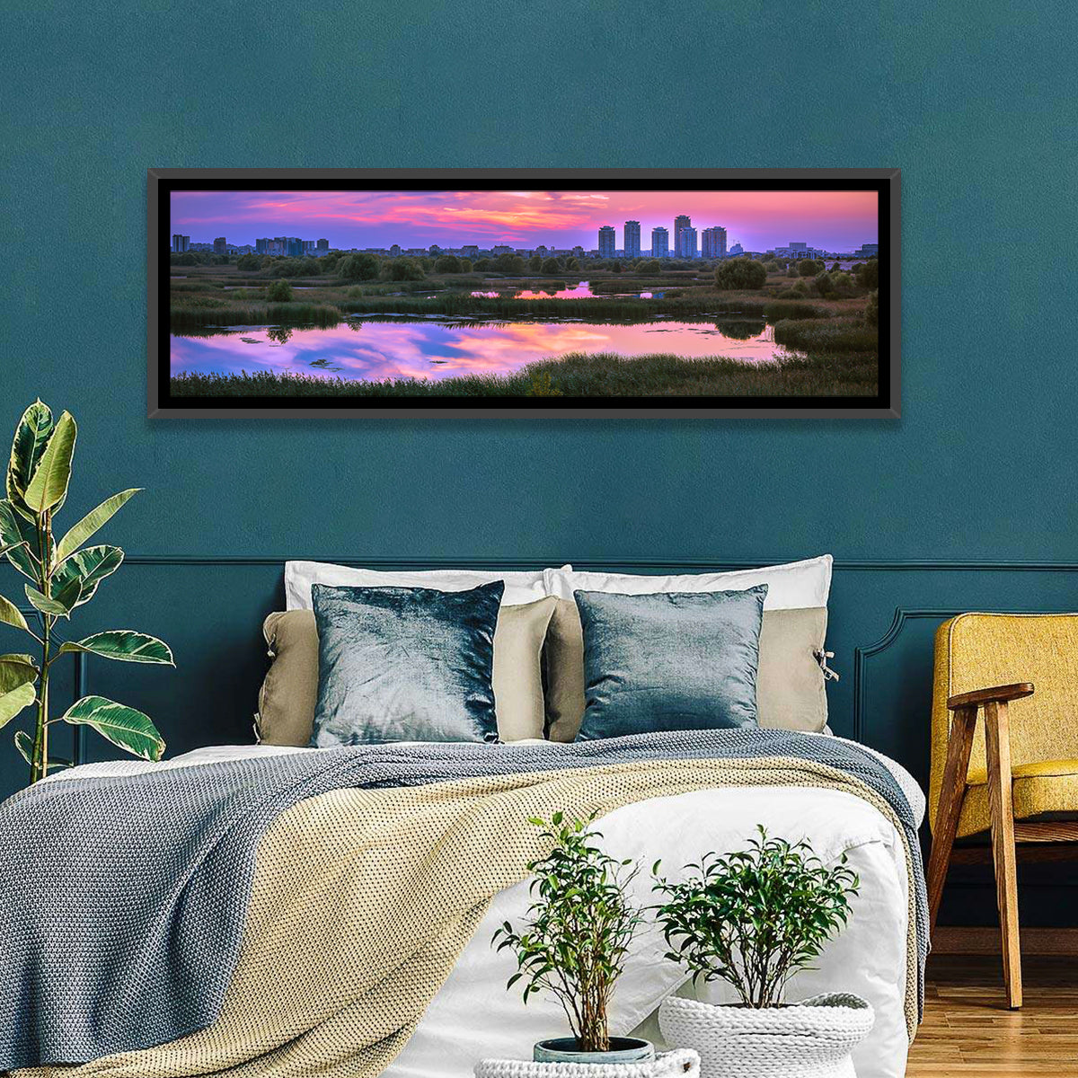 Vacaresti Park Sunset Reflection Wall Art in a room, panoramic