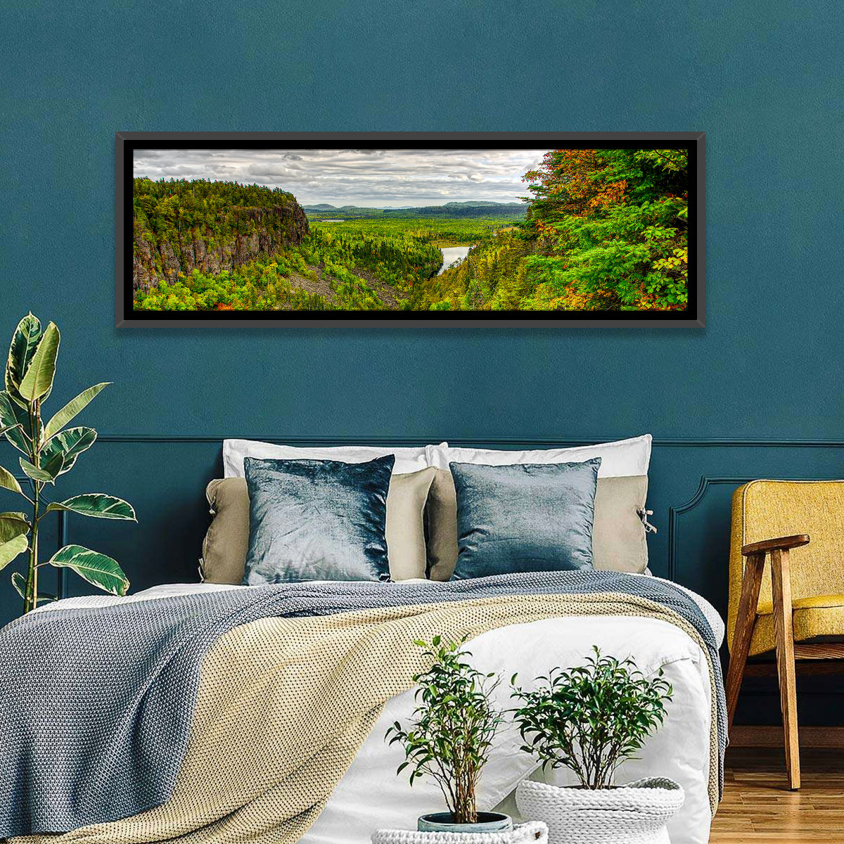 Ouimet Canyon Autumn View Wall Art in a room, panoramic
