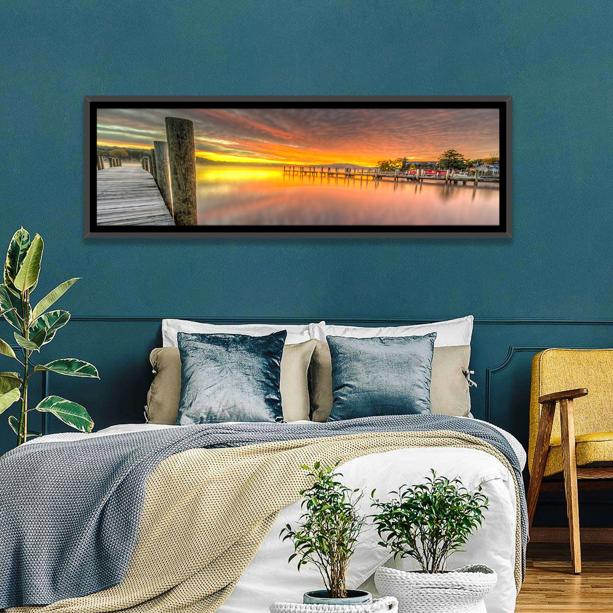 Meredith Bay Pier at Sunrise Wall Art in a room, panoramic