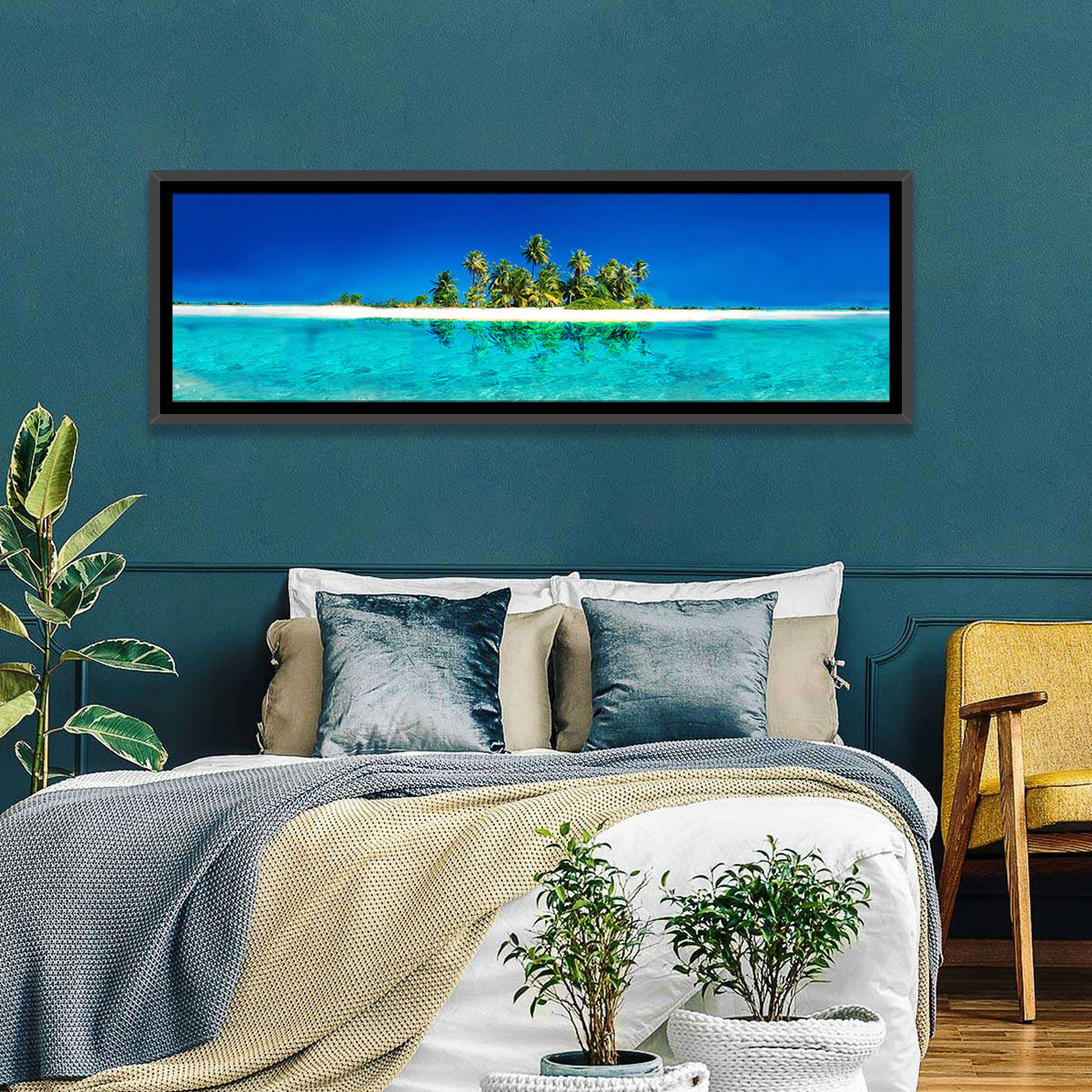Tranquil Split-level Tropical Island Seascape Wall Art in a room, panoramic